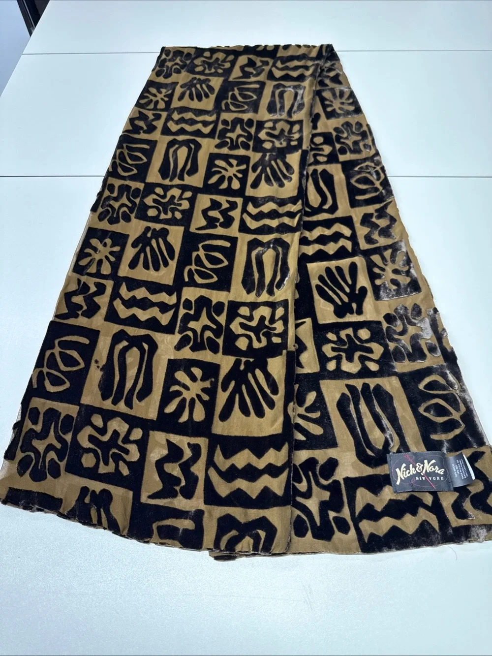 Nick & Nora NY Silk Blend Double‎ Sided Scarf 58x10 Burnout Velvet Brown Unique